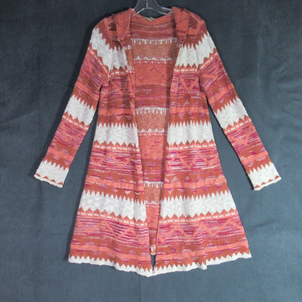 One World Cardigan Womens Small Brown Knit Long Sleeve Open Hooded Sweater Aztec
